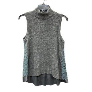 Anthropologie Moth L Sweater Mock Neck Grey Tunic Green Lace Sleeveless